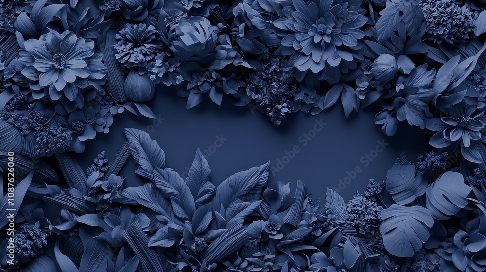 Intricate floral arrangement in shades of blue and dark tones Intricate floral arrangement in shades of blue and dark tones