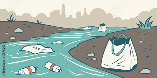 Illustration of Water Pollution with Plastic Bags in a River – Highlighting Earth Pollution and Environmental Awareness Concept in a Minimalistic and Informative Art Style
