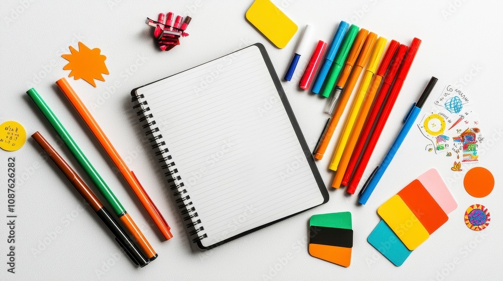 Colorful stationery items arranged around a blank notebook on a white table Colorful stationery items arranged around a blank notebook on a white table