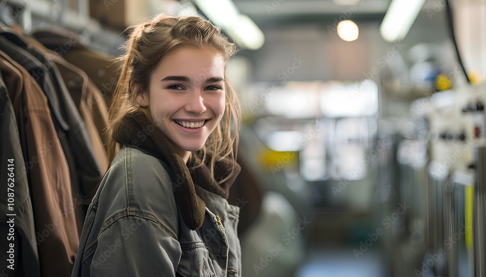 Young female worker with coat at dry-cleaner's Young female worker with coat at dry-cleaner's
