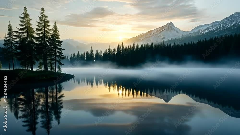 Serene mountain lake sunrise with mist reflection Serene mountain lake sunrise with mist reflection