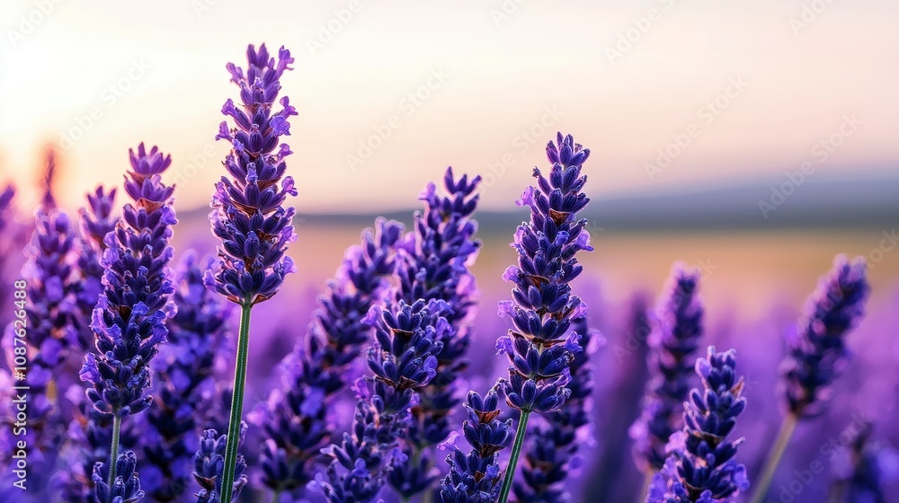 Vibrant lavender fields at sunset with beautiful purple blossoms Vibrant lavender fields at sunset with beautiful purple blossoms