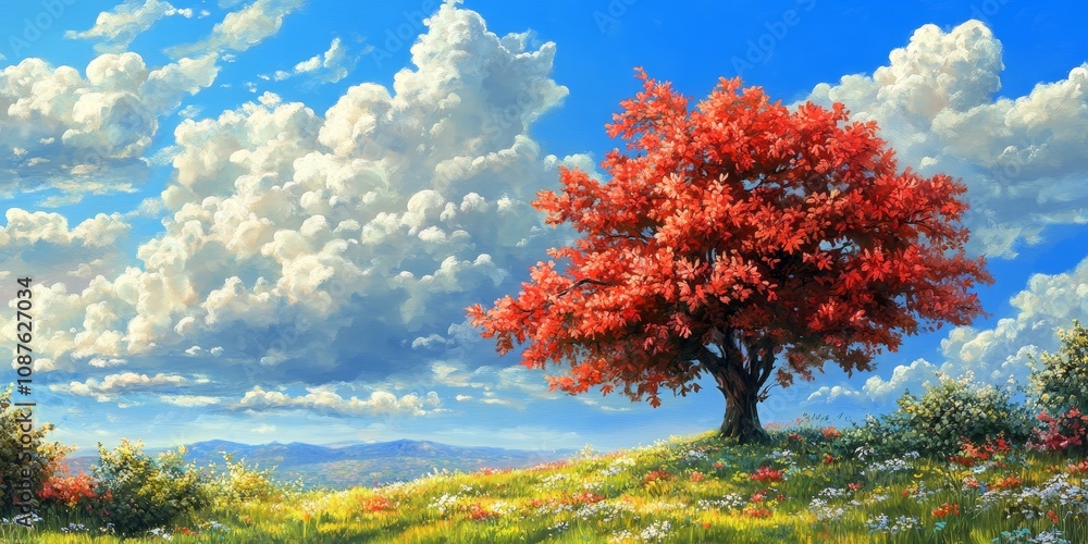 Sunny summer day featuring a vibrant maple tree, fluffy clouds, a blue sky, and blooming flowers, creating a picturesque scene perfect for a cheerful summer day. Sunny summer day featuring a vibrant maple tree, fluffy clouds, a blue sky, and blooming flowers, creating a picturesque scene perfect for a cheerful summer day.