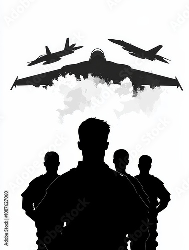 Military Fighter Jets and Silhouetted Pilots - Powerful image symbolizing teamwork, military might, aviation, air force, and national defense. photo