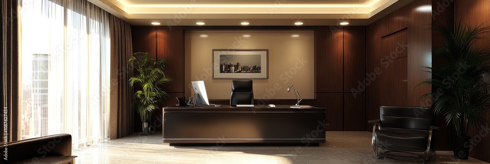 Modern Executive Office Interior Design - Luxurious modern office, large windows, dark wood, comfortable chair, desk, success, elegance Modern Executive Office Interior Design - Luxurious modern office, large windows, dark wood, comfortable chair, desk, success, elegance