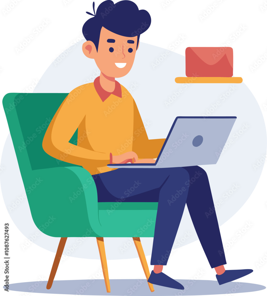 a boy is using his laptop vector a boy is using his laptop vector