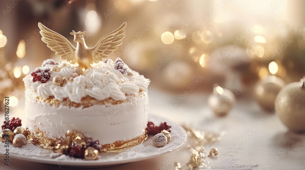 A beautifully decorated cake with a golden phoenix atop, surrounded by festive ornaments. A beautifully decorated cake with a golden phoenix atop, surrounded by festive ornaments.