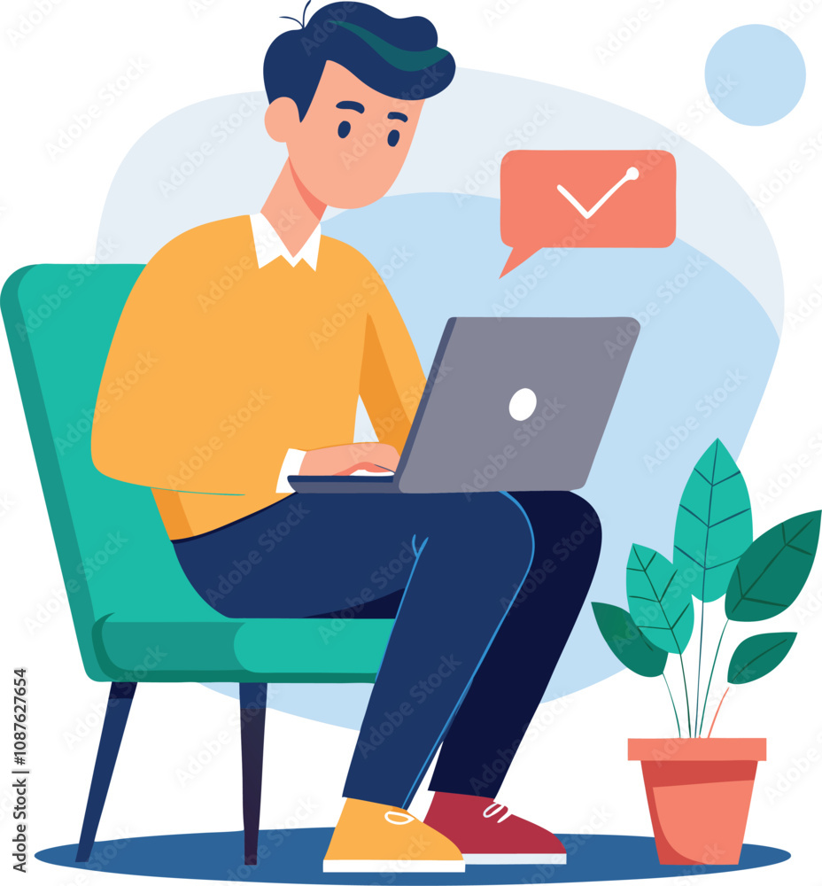 a boy is using his laptop vector a boy is using his laptop vector