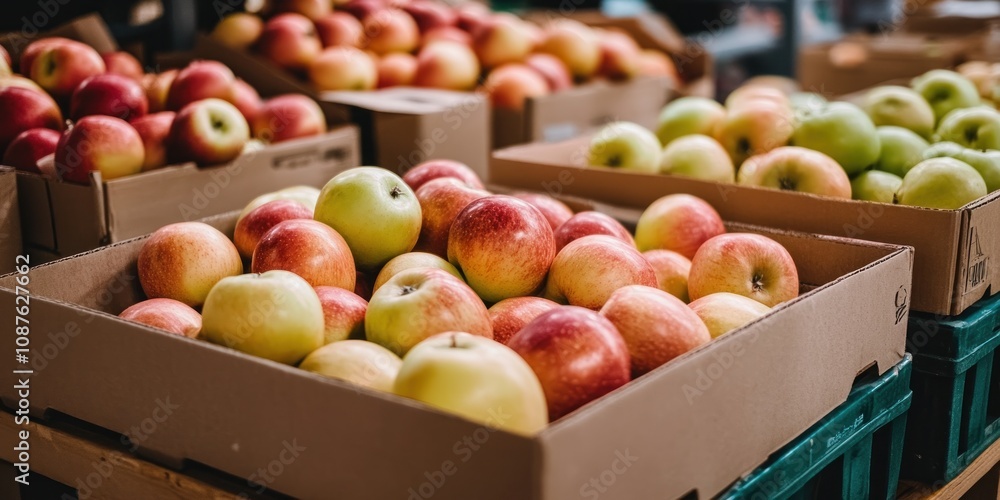 A vibrant display of apples in wooden crates at a market. A vibrant display of apples in wooden crates at a market.