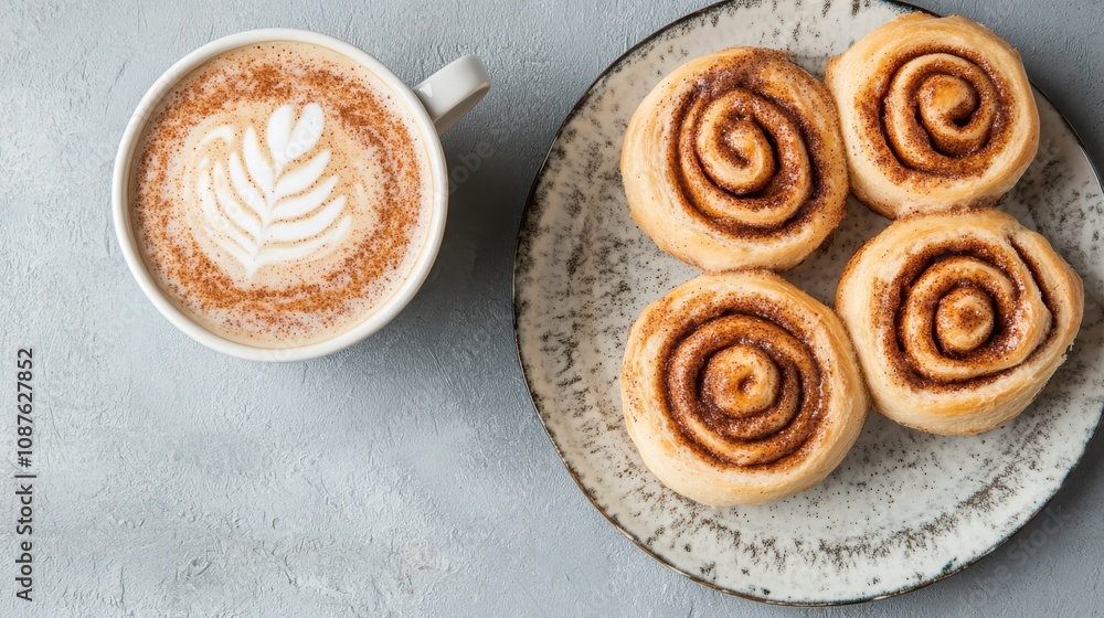 Fototapeta premium Coffee and Bakery Experience. Cozy Cafe Scene with Spiced Latte and Cinnamon Rolls