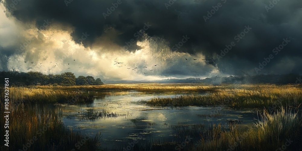 Dramatic landscape features a dark and stormy sky enveloping the wetlands, creating a captivating and moody scene that highlights the beauty of the landscape amidst the turbulent atmosphere. Dramatic landscape features a dark and stormy sky enveloping the wetlands, creating a captivating and moody scene that highlights the beauty of the landscape amidst the turbulent atmosphere.