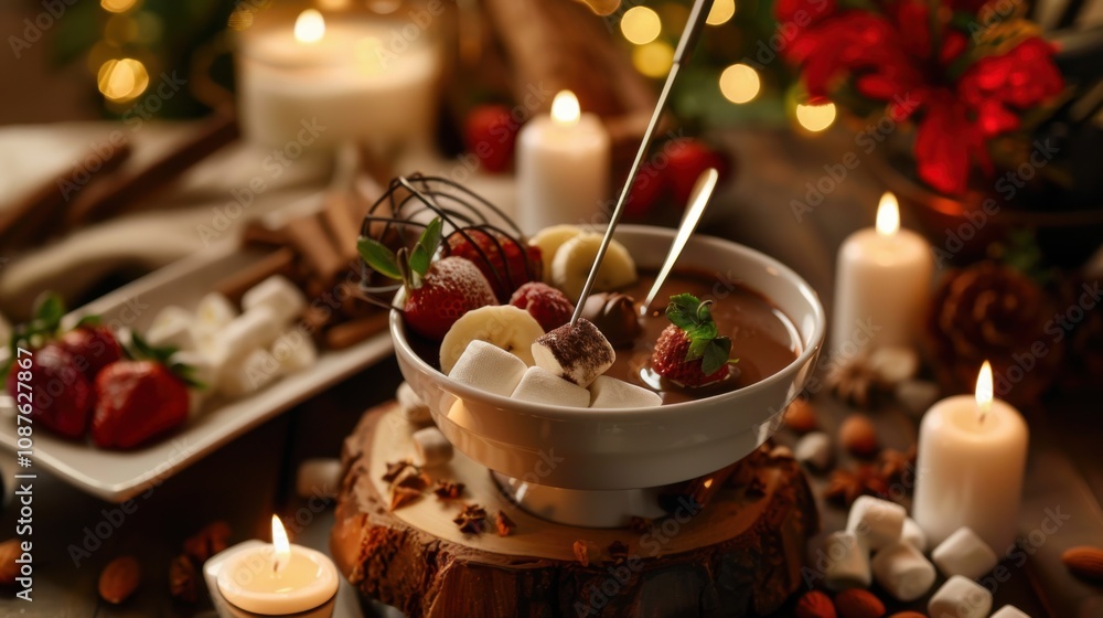 A decadent chocolate fondue spread with assorted dippables like strawberries, marshmallows A decadent chocolate fondue spread with assorted dippables like strawberries, marshmallows