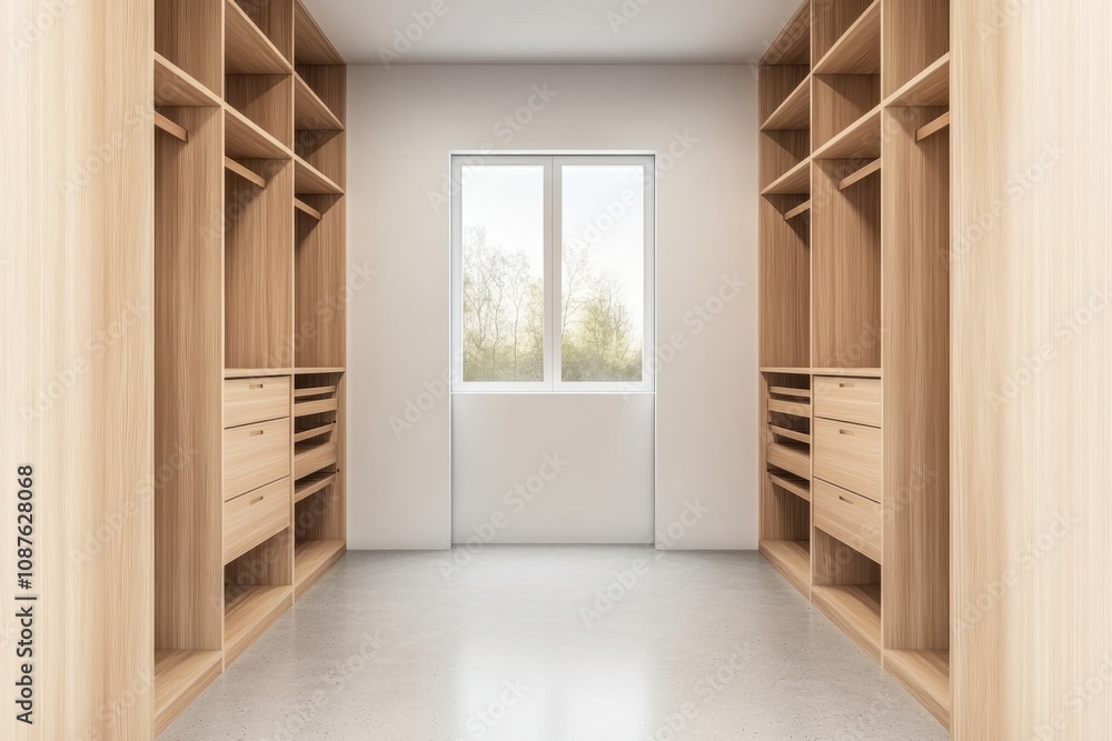 Fototapeta premium Conceptualize a closet with open shelving, empty compartments, and a polished concrete floor for an industrial feel