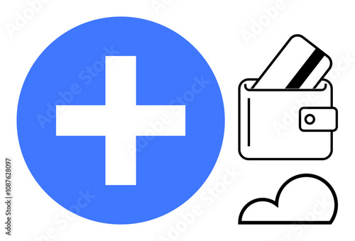Blue medical cross highlights healthcare, wallet with a card suggests digital payments, cloud shape symbolizes online services. Ideal for health tech, digital wallets, cloud services, online