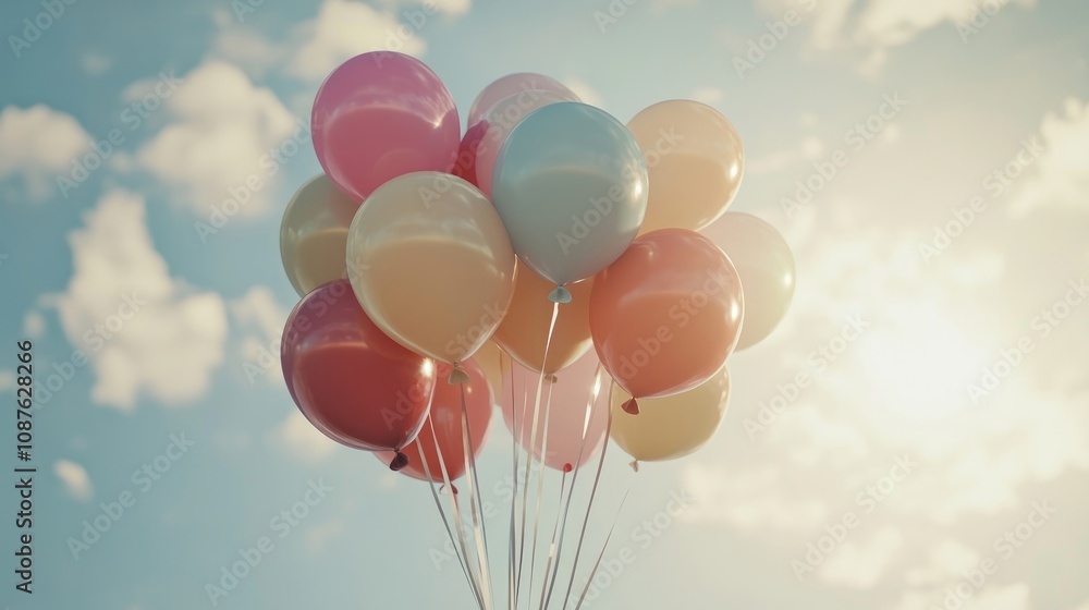 A balloon bouquet with various shapes and colors, set against a bright sky. A balloon bouquet with various shapes and colors, set against a bright sky.