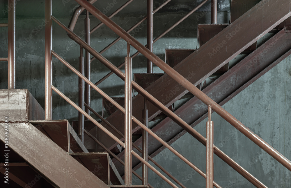 Side view of Old metal steps with handrails against concrete wall background. Vertical view of Steel ladder, Space for text, Selective Focus. Side view of Old metal steps with handrails against concrete wall background. Vertical view of Steel ladder, Space for text, Selective Focus.