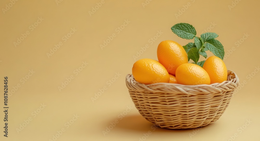 A woven basket filled with bright yellow lemons and a sprig of mint against a soft background. A woven basket filled with bright yellow lemons and a sprig of mint against a soft background.