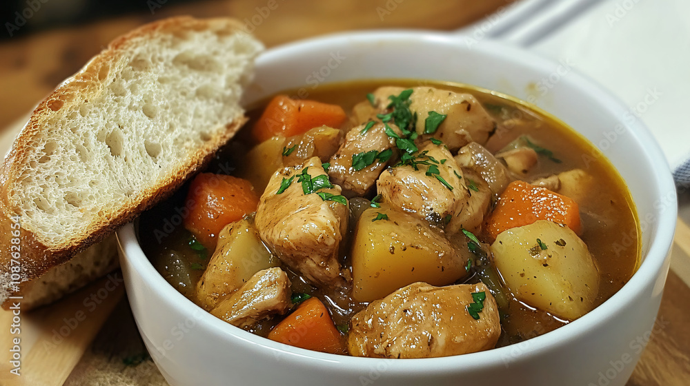 A steaming bowl of fall stew filled with tender chunks of chicken, carrots, potatoes, and herbs, served with a piece of fresh, warm bread. A steaming bowl of fall stew filled with tender chunks of chicken, carrots, potatoes, and herbs, served with a piece of fresh, warm bread.