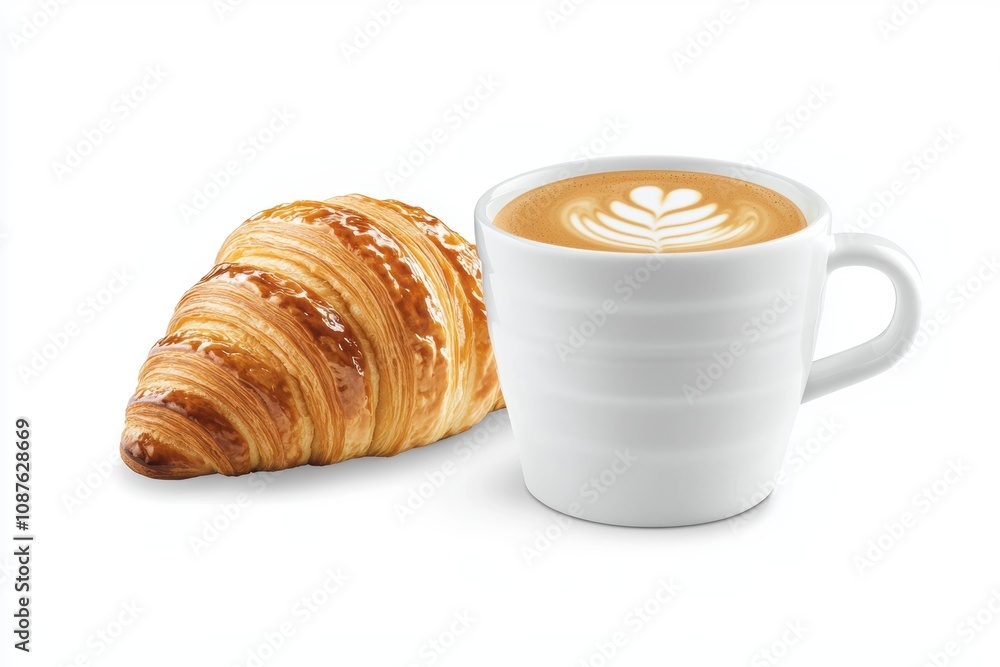 Croissant with rich flaky layers and a cup of coffee minimalistic composition emphasizing freshness and simplicity on white background Croissant with rich flaky layers and a cup of coffee minimalistic composition emphasizing freshness and simplicity on white background