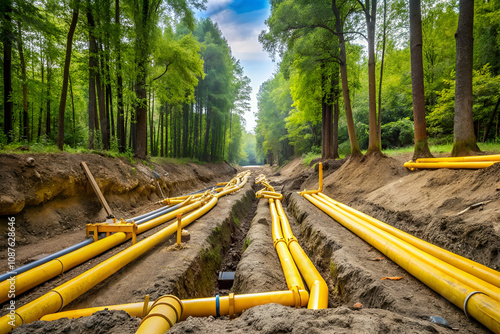 A vibrant scene of yellow pipelines laid in a trench amidst a lush green forest, showcasing infrastructure development in a natural setting. photo