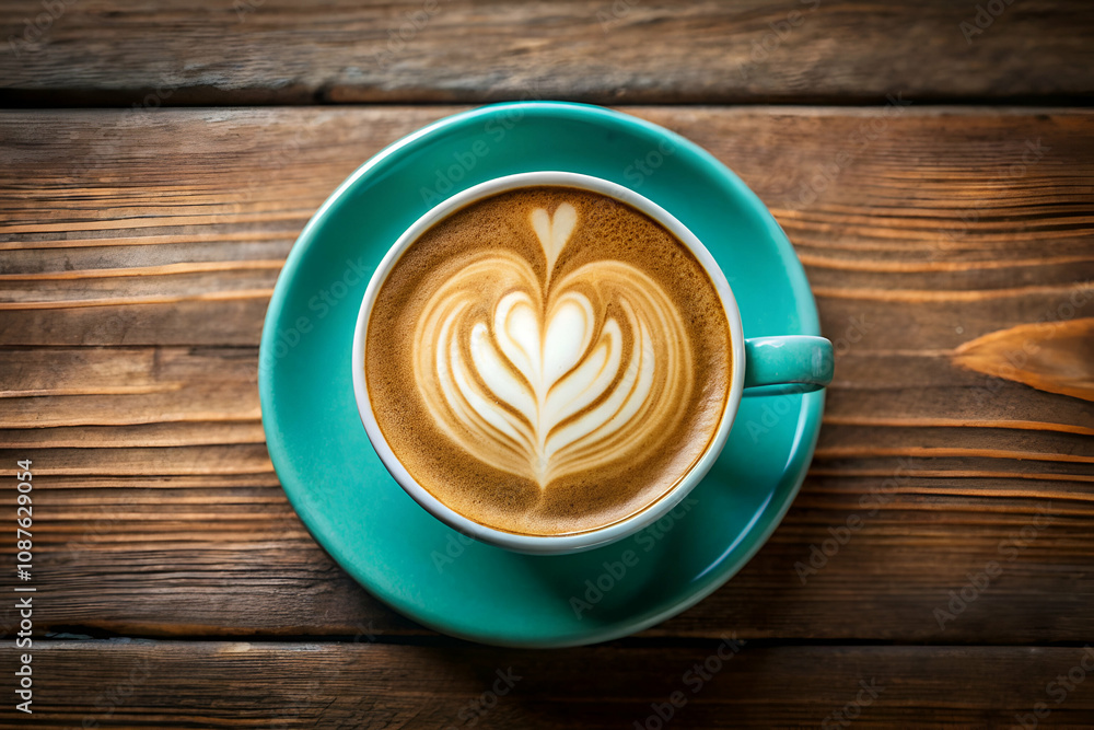 A beautifully crafted latte with a heart-shaped foam art sits in a turquoise cup on a rustic wooden table. A beautifully crafted latte with a heart-shaped foam art sits in a turquoise cup on a rustic wooden table.