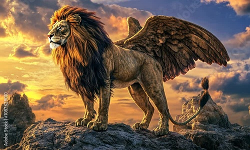 A majestic lion with wings stands on a rocky outcrop against a dramatic sunset.