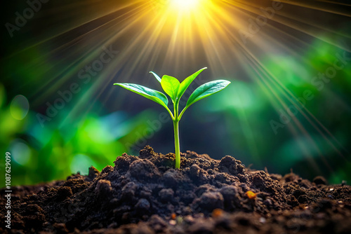 A small green seedling emerges from rich soil, illuminated by sunlight, symbolizing growth and new beginnings in nature.