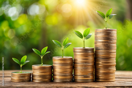 A visual representation of financial growth, featuring stacks of coins with sprouting plants, symbolizing investment and sustainable prosperity.