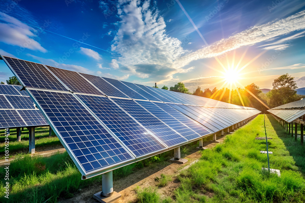 A picturesque solar farm with rows of solar panels gleaming under the sun, set against a backdrop of blue sky and green grass. A picturesque solar farm with rows of solar panels gleaming under the sun, set against a backdrop of blue sky and green grass.
