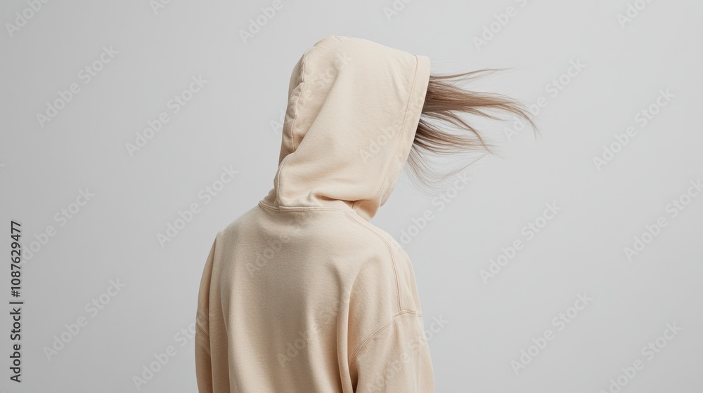 A person with long hair in a beige hoodie, captured in motion against a plain background. A person with long hair in a beige hoodie, captured in motion against a plain background.