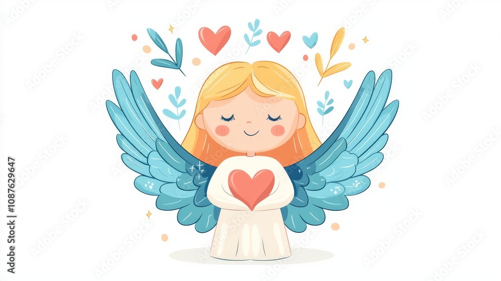 Fototapeta premium Cute angel illustration with heart and wings.
