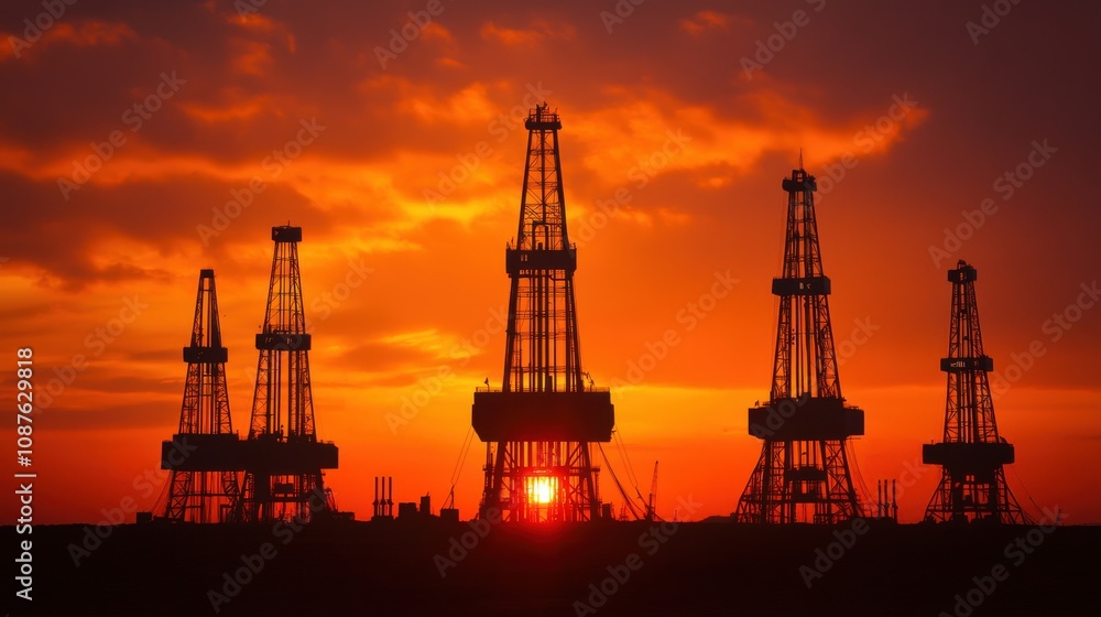 Smart Energy Stock Solutions. Silhouetted Oil Rigs at Dynamic Sunset Scene Smart Energy Stock Solutions. Silhouetted Oil Rigs at Dynamic Sunset Scene