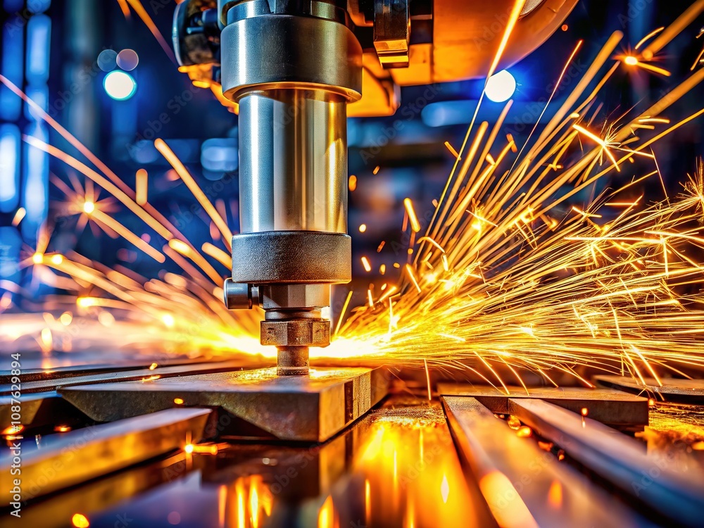 Sparks erupt as an industrial machine slices through metal, casting a stunning light across the dynamic manufacturing environment filled with creativity and precision. Sparks erupt as an industrial machine slices through metal, casting a stunning light across the dynamic manufacturing environment filled with creativity and precision.