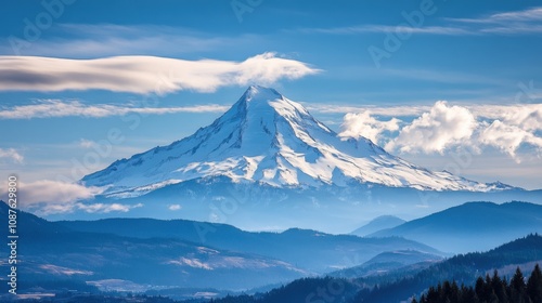 Majestic Mount Hood Snowcapped Peak, Oregon Landscape, Cloudscape