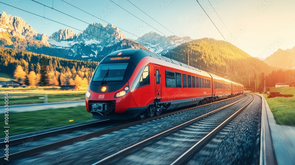 Fototapeta premium Scenic train journey through mountains at sunset