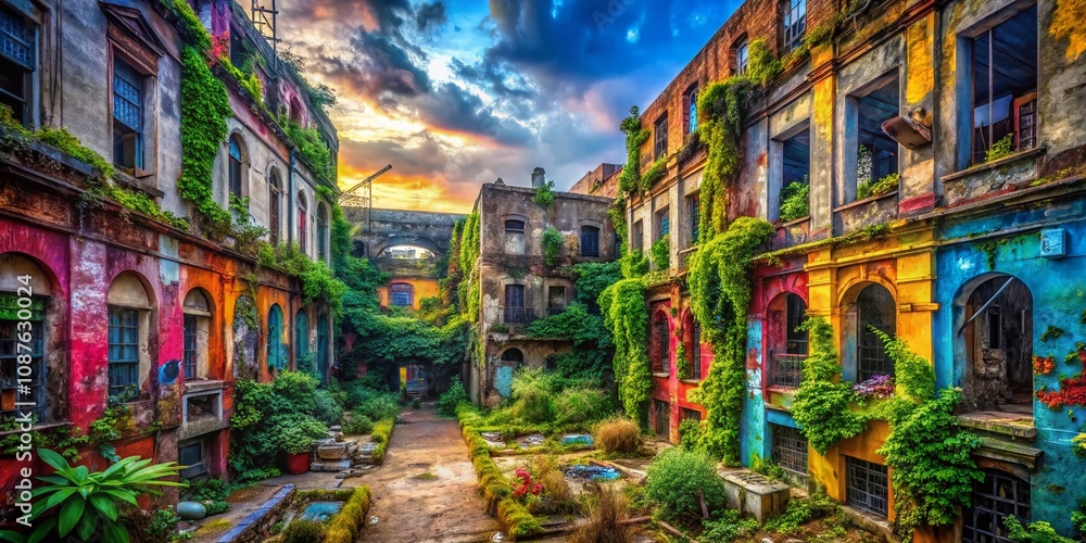 Fototapeta premium Urban Exploration Photography: Captivating Wallpaper for Desktop Backgrounds Featuring Abandoned Buildings, Urban Landscapes, and Vibrant Street Art in Vivid Colors and Unique Perspectives
