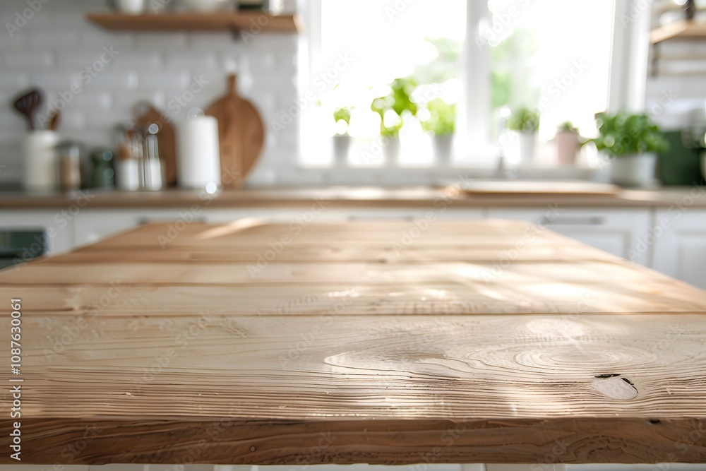 Clean Wooden Table Surface with Soft Natural Light in a Bright Kitchen Setting Featuring Fresh Green Plants in Background for Modern Home Decor Clean Wooden Table Surface with Soft Natural Light in a Bright Kitchen Setting Featuring Fresh Green Plants in Background for Modern Home Decor