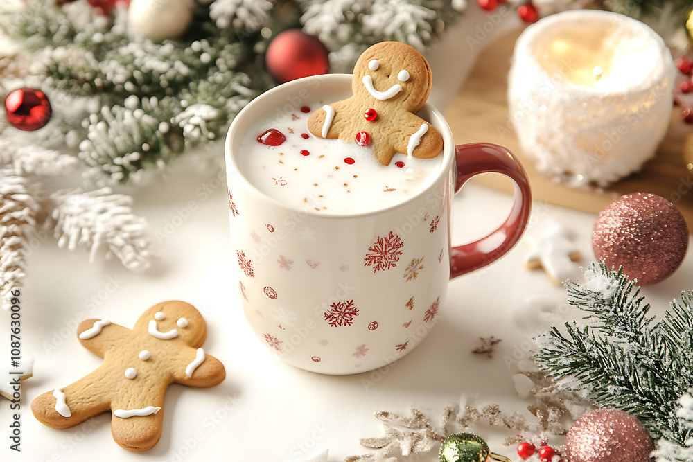 A festive Christmas-themed scene featuring a mug filled with milk and a cheerful gingerbread man leaning on the edge, surrounded by holiday decorations. A festive Christmas-themed scene featuring a mug filled with milk and a cheerful gingerbread man leaning on the edge, surrounded by holiday decorations.