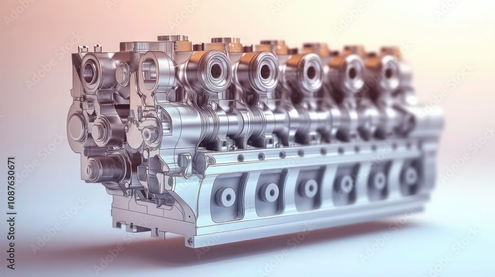 A minimalist rendering of an engine block with detailed line art. The metallic structure is highlighted against a gradient white background. A minimalist rendering of an engine block with detailed line art. The metallic structure is highlighted against a gradient white background.