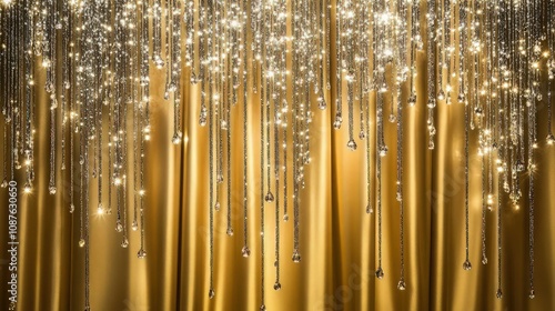 Golden satin drapes serve as a luxurious background illuminated by hanging strands of bright, sparkling fairy lights.