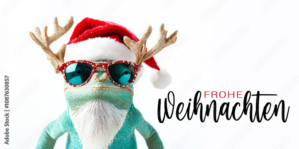 Naklejka premium Frohe Weihnachten Urlaub Winter Grußkarte mit deutschem Text - Cooles lustiges Chamöleon Haustier mit Weihnachtsmannmütze und Sonnenbrille, isoliert auf weissem Hintergrund