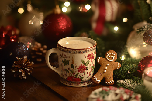 Wallpaper Mural A festive Christmas-themed scene featuring a mug filled with milk and a cheerful gingerbread man leaning on the edge, surrounded by holiday decorations. Torontodigital.ca