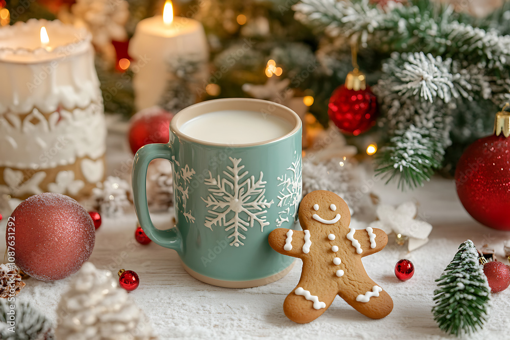 A festive Christmas-themed scene featuring a mug filled with milk and a cheerful gingerbread man leaning on the edge, surrounded by holiday decorations. A festive Christmas-themed scene featuring a mug filled with milk and a cheerful gingerbread man leaning on the edge, surrounded by holiday decorations.