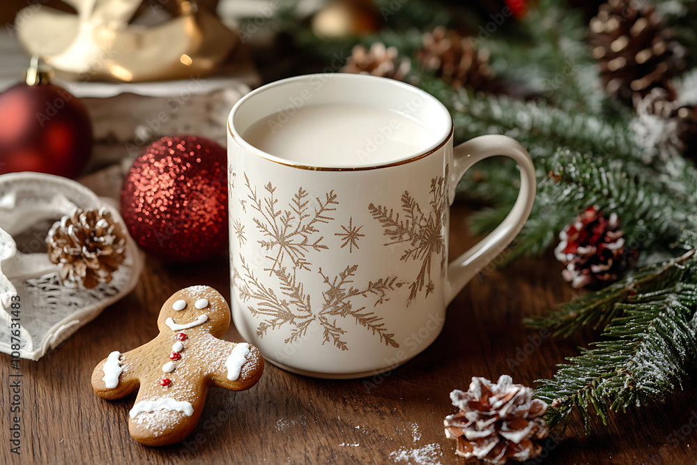 A festive Christmas-themed scene featuring a mug filled with milk and a cheerful gingerbread man leaning on the edge, surrounded by holiday decorations. A festive Christmas-themed scene featuring a mug filled with milk and a cheerful gingerbread man leaning on the edge, surrounded by holiday decorations.