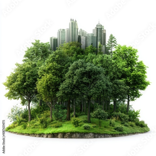 A lush green forest island with skyscrapers nestled among the trees, white isolate background.