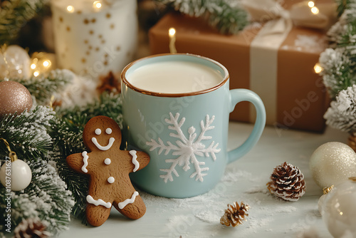 Wallpaper Mural A festive Christmas-themed scene featuring a mug filled with milk and a cheerful gingerbread man leaning on the edge, surrounded by holiday decorations. Torontodigital.ca