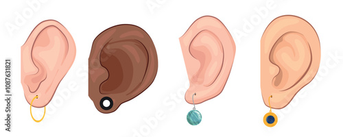 Set of cute ears in cartoon style. Vector illustration of ears of different shapes and sizes, light-skinned and dark-skinned with round earrings, pierced lobes, tunnel isolated on white background.