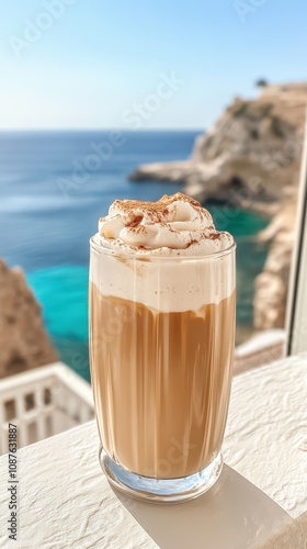 Savor a frothy glass of Greek frapp coffee while enjoying serene views from a sunlit balcony photo