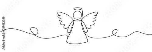  Simple one continuous line drawing of christmas angel. Christmas angel line art .Christmas and religion symbols isolated on white. Angel trumpets  silhouette