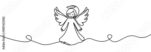  Simple one continuous line drawing of christmas angel. Christmas angel line art .Christmas and religion symbols isolated on white. Angel trumpets  silhouette